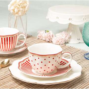 Grace Teaware Red Dot Stripes 9-Ounce Teacup and Saucer Set of 2 - Elegant Porcelain Design