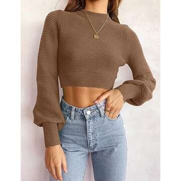 ZESICA Women's Fall Mock Neck Cropped Sweater 2024 Long Sleeve Soft Ribbed Knit Pullover Jumper Tops,Khaki,Small