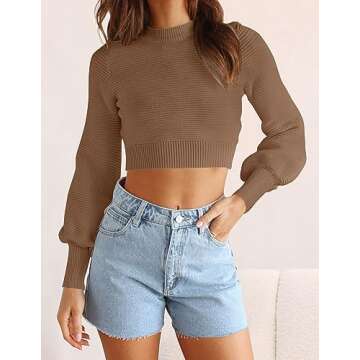 ZESICA Women's Fall Mock Neck Cropped Sweater 2024 Long Sleeve Soft Ribbed Knit Pullover Jumper Tops,Khaki,Small