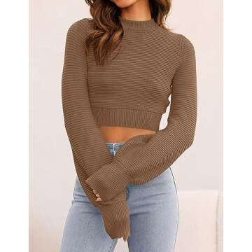 ZESICA Women's Fall Mock Neck Cropped Sweater 2024 Long Sleeve Soft Ribbed Knit Pullover Jumper Tops,Khaki,Small