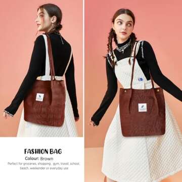 Corduroy Tote Bag for Women Canvas Shoulder Cord Purse with Inner Pocket（Brown）