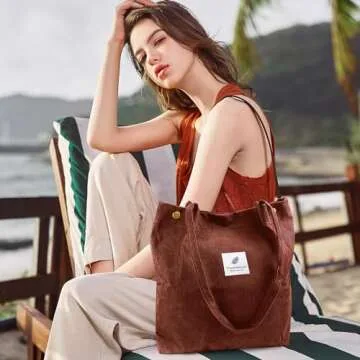 Corduroy Tote Bag for Women Canvas Shoulder Cord Purse with Inner Pocket（Brown）