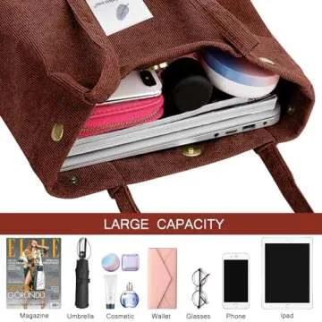 Corduroy Tote Bag for Women Canvas Shoulder Cord Purse with Inner Pocket（Brown）