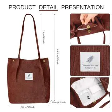 Corduroy Tote Bag for Women Canvas Shoulder Cord Purse with Inner Pocket（Brown）