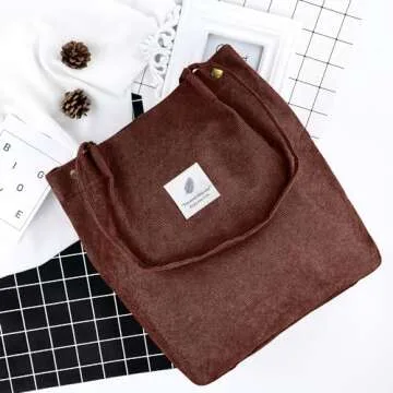 Corduroy Tote Bag for Women Canvas Shoulder Cord Purse with Inner Pocket（Brown）