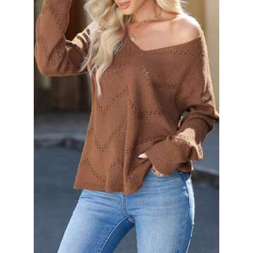 EVALESS Brown Sweaters for Women Long Sleeve Crochet Tops for Women Summer Fashion 2024 Pullover Light Loose Knit Sweater Sexy V Neck Blouses for Women Dressy Casual Teacher Outfits Fall Clothes,Large