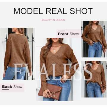 EVALESS Brown Sweaters for Women Long Sleeve Crochet Tops for Women Summer Fashion 2024 Pullover Light Loose Knit Sweater Sexy V Neck Blouses for Women Dressy Casual Teacher Outfits Fall Clothes,Large