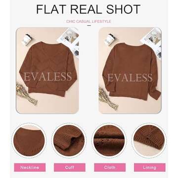EVALESS Brown Sweaters for Women Long Sleeve Crochet Tops for Women Summer Fashion 2024 Pullover Light Loose Knit Sweater Sexy V Neck Blouses for Women Dressy Casual Teacher Outfits Fall Clothes,Large