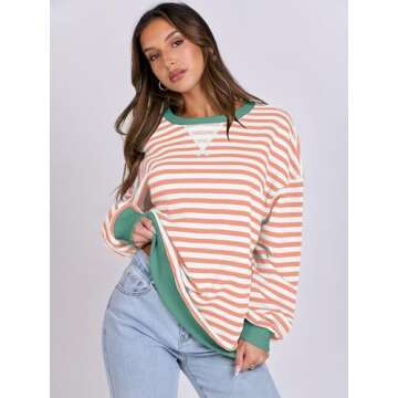 ANRABESS Women Striped Oversized Sweatshirt Long Sleeve Crewneck Shirts 2025 Fall Fashion Pullover Sweater Trendy Clothes Orange White Medium