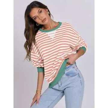 ANRABESS Women Striped Oversized Sweatshirt Long Sleeve Crewneck Shirts 2025 Fall Fashion Pullover Sweater Trendy Clothes Orange White Medium