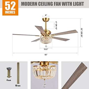 Gold Ceiling Fans with Lights and Remote, 52 Inch Ceiling Fan for Bedroom Living Room, Crystal Chandelier Outdoor Ceiling Fans with LED Light, Reversible 5 Blades, Ventilador de Techo con Luz