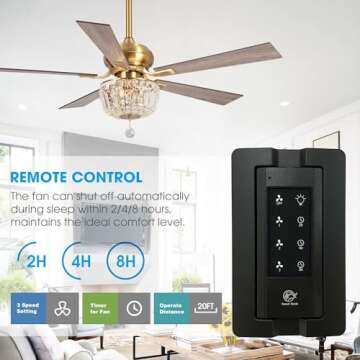 Gold Ceiling Fans with Lights and Remote, 52 Inch Ceiling Fan for Bedroom Living Room, Crystal Chandelier Outdoor Ceiling Fans with LED Light, Reversible 5 Blades, Ventilador de Techo con Luz