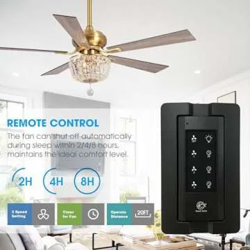 Gold Ceiling Fans with Lights and Remote, 52 Inch Ceiling Fan for Bedroom Living Room, Crystal Chandelier Outdoor Ceiling Fans with LED Light, Reversible 5 Blades, Ventilador de Techo con Luz