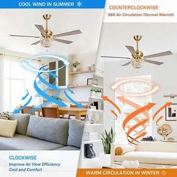 Gold Ceiling Fans with Lights and Remote, 52 Inch Ceiling Fan for Bedroom Living Room, Crystal Chandelier Outdoor Ceiling Fans with LED Light, Reversible 5 Blades, Ventilador de Techo con Luz