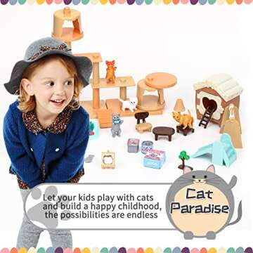 TQQFUN 43-Piece Cat Figurine Playset - Realistic Pet Care Center Role Play Toys for Kids, Toddlers, ...