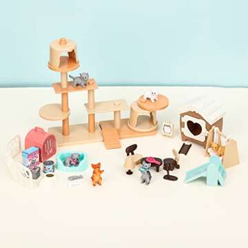 TQQFUN 43-Piece Cat Figurine Playset - Realistic Pet Care Center Role Play Toys for Kids, Toddlers, Boys and Girls