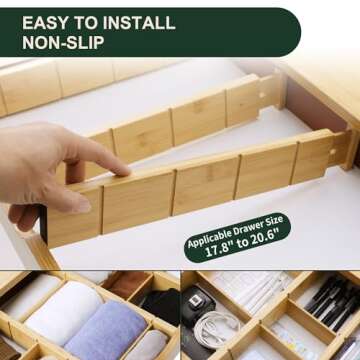 Utoplike Kitchen Drawer Divider with Inserts, Bamboo Drawers Organizer Adjustable, 4 pcs Large Expandable Wood Socks Drawer Organization for Dresser, Office, Spring Loaded