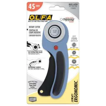 OLFA 45mm Ergonomic Rotary Cutter (RTY-2DX/PBL) - Rotary Fabric Cutter w/Blade Cover & Squeeze Trigger for Crafts, Sewing, Quilting, Replacement Blade: OLFA RB45-1 (Pacific Blue)