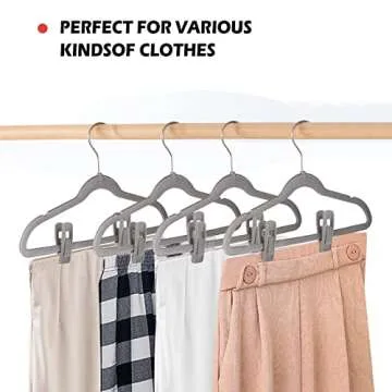 Tinfol Gray Velvet Hangers Clips Pack of 24, Pants Hangers Velvet Clips, Large Opening Clip Strong Finger Flocked Clips Perfect for Use with Slim-line Clothes Velvet Hangers