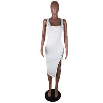 Remelon Womens Midi Dress with Slit Rib Bodycon Tank Dress Buttons Summer Casual Sleeveless Dresses White S