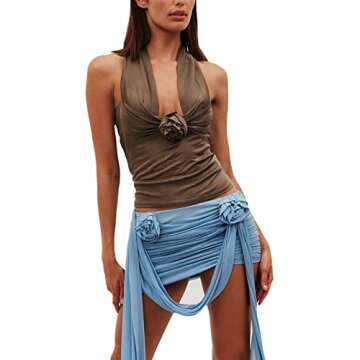 Backless Halter Crop Tops for Women Trendy Floral Mesh Sexy One Shoulder Ruched Tank Camisole Y2k Ruffle Going Out Tube Top