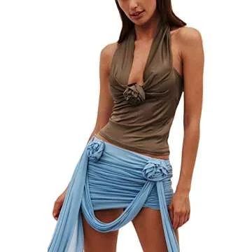 Backless Halter Crop Tops for Women Trendy Floral Mesh Sexy One Shoulder Ruched Tank Camisole Y2k Ruffle Going Out Tube Top