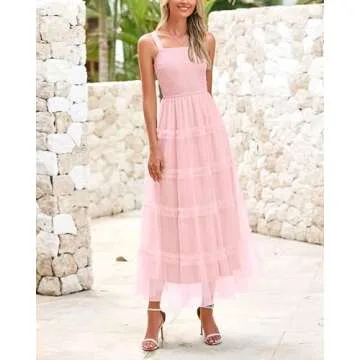 PRETTYGARDEN Women's Summer Dresses 2025 Sleeveless Smocked Tiered Ruffle Tulle A-Line Flowy Wedding Party Maxi Dress(Light Pink,Medium)