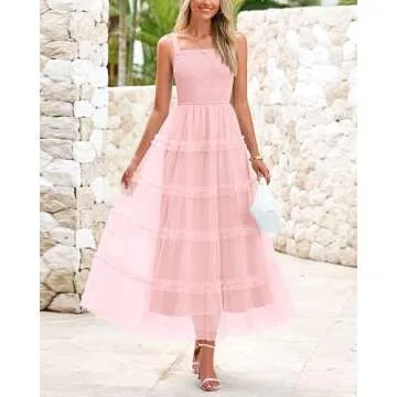 PRETTYGARDEN Women's Summer Dresses 2025 Sleeveless Smocked Tiered Ruffle Tulle A-Line Flowy Wedding Party Maxi Dress(Light Pink,Medium)