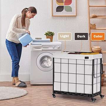 Laundry Hamper with Heavy Duty Caster Wheels; 3 Sections Clothes Hamper with Lid; 132L Laundry Basket with Removable Liner Bag; Laundry Sorter with Metal Handle (White)