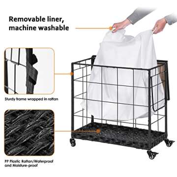 Laundry Hamper with Heavy Duty Caster Wheels; 3 Sections Clothes Hamper with Lid; 132L Laundry Basket with Removable Liner Bag; Laundry Sorter with Metal Handle (White)