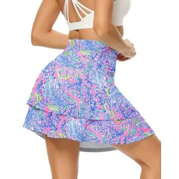WOWENY Women's Athletic Pleated Tennis Skirt Ladies Active Layered Skort with Pocket Running Golf Skirt with Ruffle for Workout Sports Pickleball(2-Layer Floral01,L)