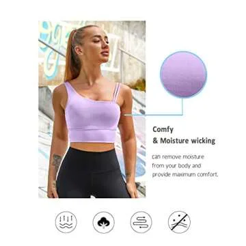 MELYUM Womens Long Line Sports Bra One Strap Workout Crop Tank Tops Supportive Yoga Open Back Asymmetrical Activewear Purple