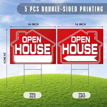 Open House Signs (5 Pack), 16" x 12" Double-Sided Yard Signs with Metal H Stakes，Open House Real E...