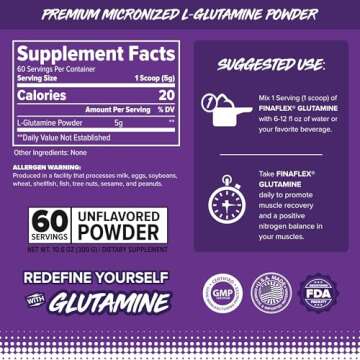 FINAFLEX Pure GLUTAMINE, Unflavored - 10.6 oz - Ultimate Muscle Recovery Powder - Reduces Muscle Bre...