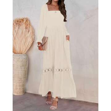 ZESICA Women's Boho Long Sleeve Square Neck Smocked High Waist Flowy A Line Lace Trim Maxi Dress Apricot L