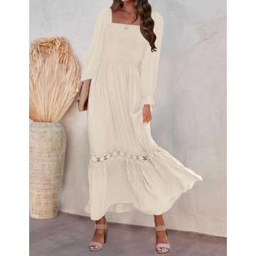 ZESICA Women's Boho Long Sleeve Square Neck Smocked High Waist Flowy A Line Lace Trim Maxi Dress Apricot L