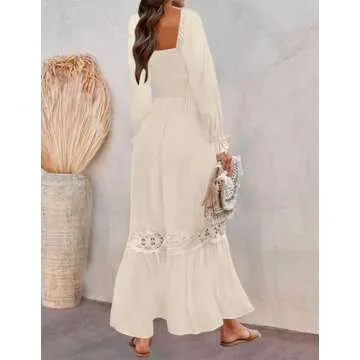 ZESICA Women's Boho Long Sleeve Square Neck Smocked High Waist Flowy A Line Lace Trim Maxi Dress Apricot L