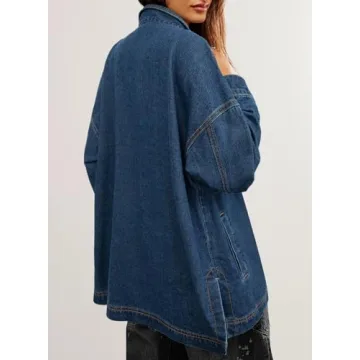 Sidefeel Women's Jean Jacket Oversized Boyfriend Button Up Long Sleeve Denim Jackets Deep Blue Small
