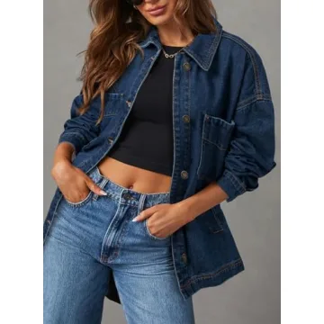 Sidefeel Women's Jean Jacket Oversized Boyfriend Button Up Long Sleeve Denim Jackets Deep Blue Small