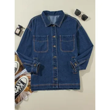 Sidefeel Women's Jean Jacket Oversized Boyfriend Button Up Long Sleeve Denim Jackets Deep Blue Small