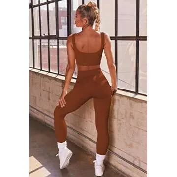 Bluewolfsea Workout Sets for Women 2 Piece - Rib Crop Tank Tops and Leggings Set Workout Exercise Outfitss XX-Large Coffee