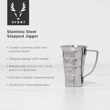 Viski Stepped Jigger with Handle, 4 Markings, Measuring Cup for Cocktail Recipes, 0.5 oz, 1 oz, 1.5 ...