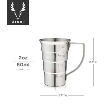 Viski Stepped Jigger with Handle, 4 Markings, Measuring Cup for Cocktail Recipes, 0.5 oz, 1 oz, 1.5 oz, & 2 oz, Stainless Steel, Set of 1, Silver
