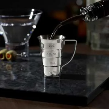 Viski Stepped Jigger with Handle, 4 Markings, Measuring Cup for Cocktail Recipes, 0.5 oz, 1 oz, 1.5 oz, & 2 oz, Stainless Steel, Set of 1, Silver