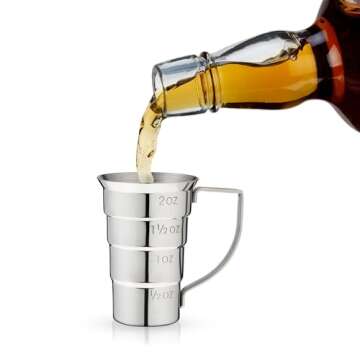 Viski Stepped Jigger with Handle, 4 Markings, Measuring Cup for Cocktail Recipes, 0.5 oz, 1 oz, 1.5 oz, & 2 oz, Stainless Steel, Set of 1, Silver