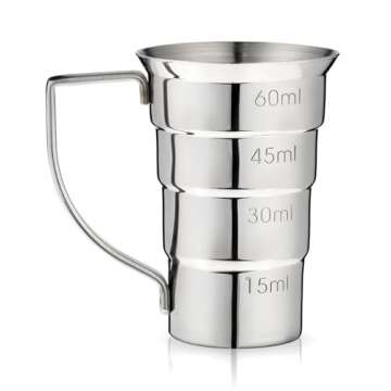 Viski Stepped Jigger with Handle, 4 Markings, Measuring Cup for Cocktail Recipes, 0.5 oz, 1 oz, 1.5 oz, & 2 oz, Stainless Steel, Set of 1, Silver