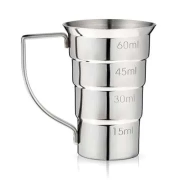 Viski Stepped Jigger with Handle, 4 Markings, Measuring Cup for Cocktail Recipes, 0.5 oz, 1 oz, 1.5 oz, & 2 oz, Stainless Steel, Set of 1, Silver