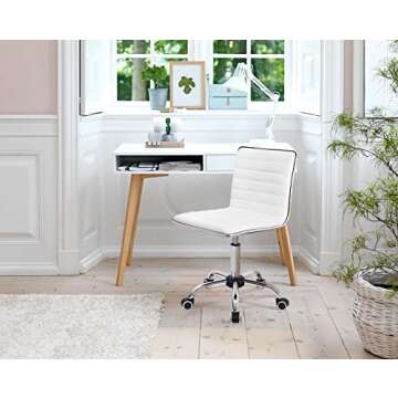 Furmax Mid Back Vanity Chair for Makeup Room, Low Back PU Leather Swivel Computer Desk Chair, Task and Office Chair Retro with Armless Ribbed (White)
