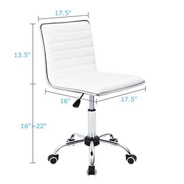 Furmax Mid Back Vanity Chair for Makeup Room, Low Back PU Leather Swivel Computer Desk Chair, Task and Office Chair Retro with Armless Ribbed (White)