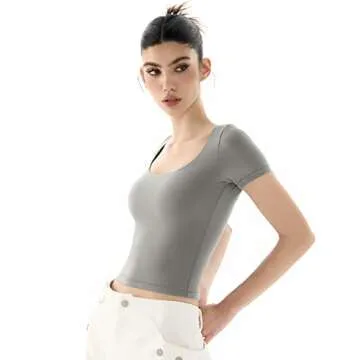 PUMIEY T Shirt for Women Short Sleeve Slim Fit Tops Scoop Neck Sexy Tee Women Clothing Elephant Grey X-Large